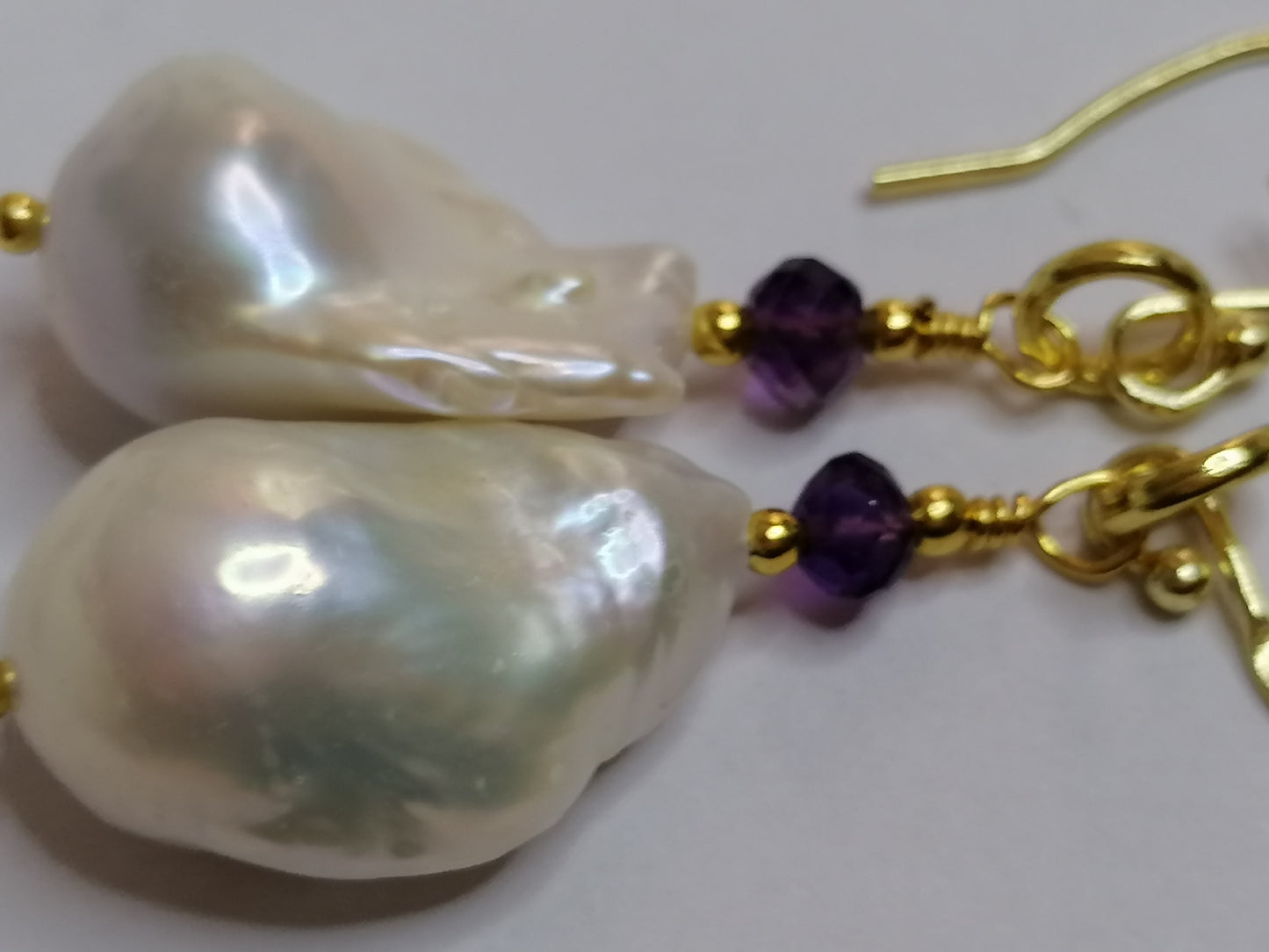 24ct Gold Vermeil 925 Sterling Silver Cultured Freshwater Pearl Earrings Baroque Flameball with Amethyst 828