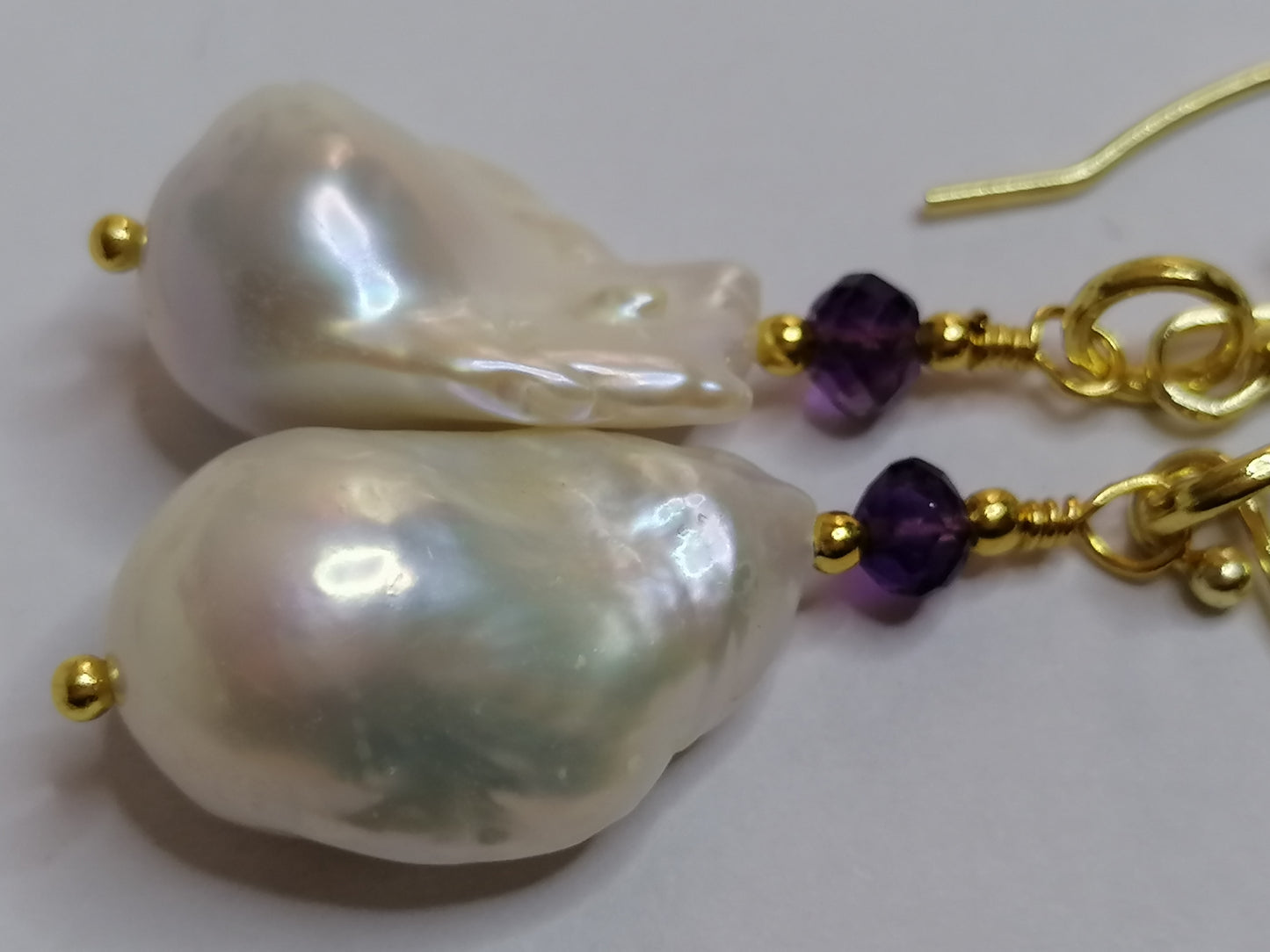 24ct Gold Vermeil 925 Sterling Silver Cultured Freshwater Pearl Earrings Baroque Flameball with Amethyst 828