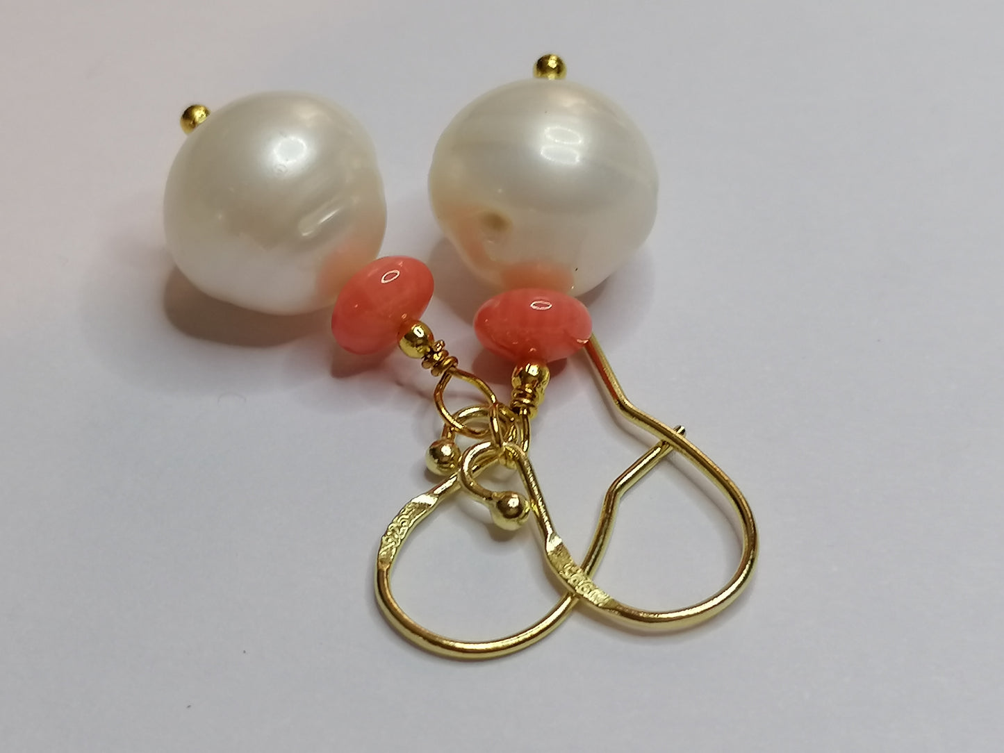 24ct Gold Vermeil 925 Sterling silver Cultured Freshwater Baroque Pearl Earrings with Pink Coral 950