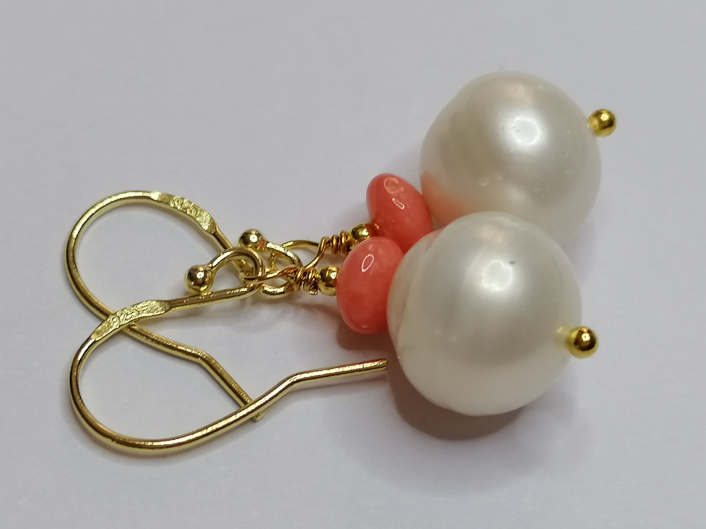 24ct Gold Vermeil 925 Sterling silver Cultured Freshwater Baroque Pearl Earrings with Pink Coral 950