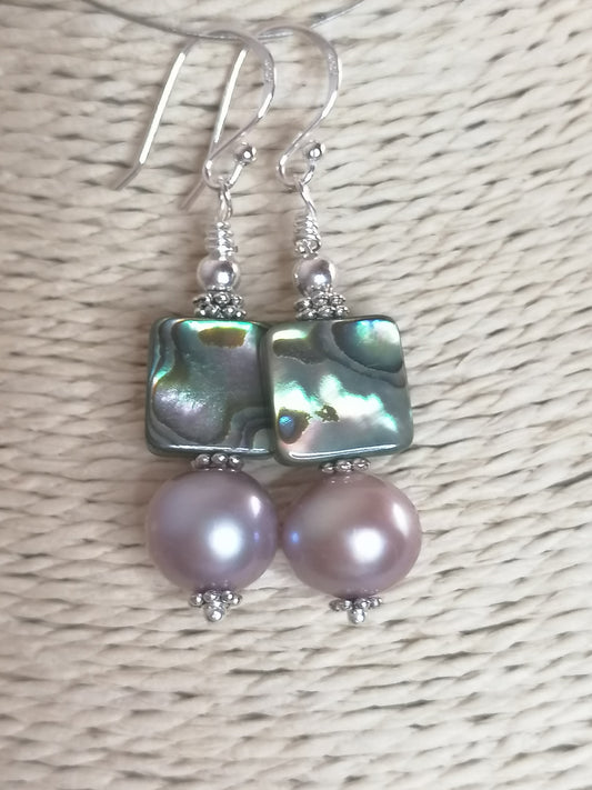 925 Sterling Silver Cultured Edison Pearl & Abalone Paua Shell Earrings 930