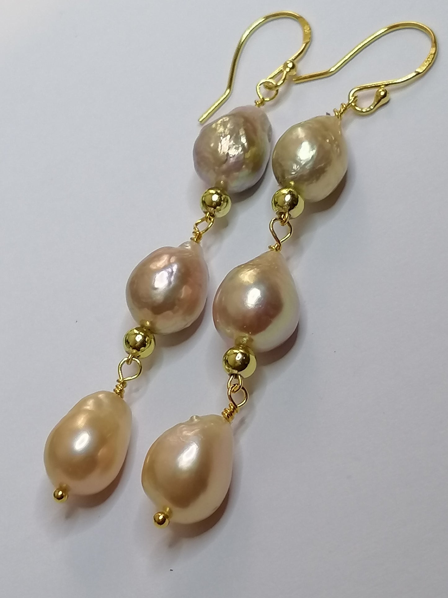 24ct Gold Vermeil 925 Sterling silver Cultured Freshwater Kasumi Pearl Earrings Drop Trio 975