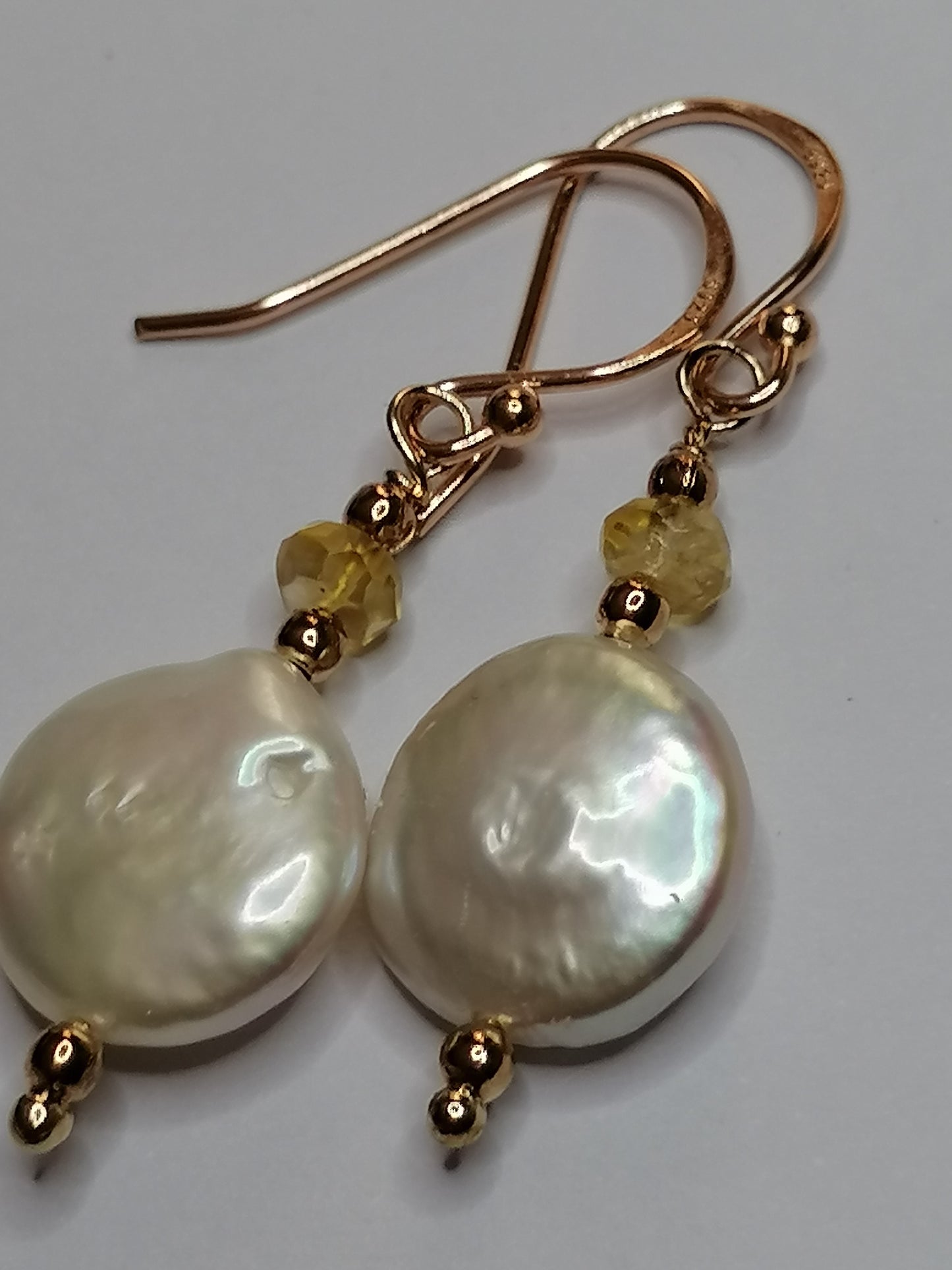 24ct Rose Gold Vermeil 925 Sterling silver Cultured Freshwater Coin Pearl Earrings with Citrine Gemstone 955