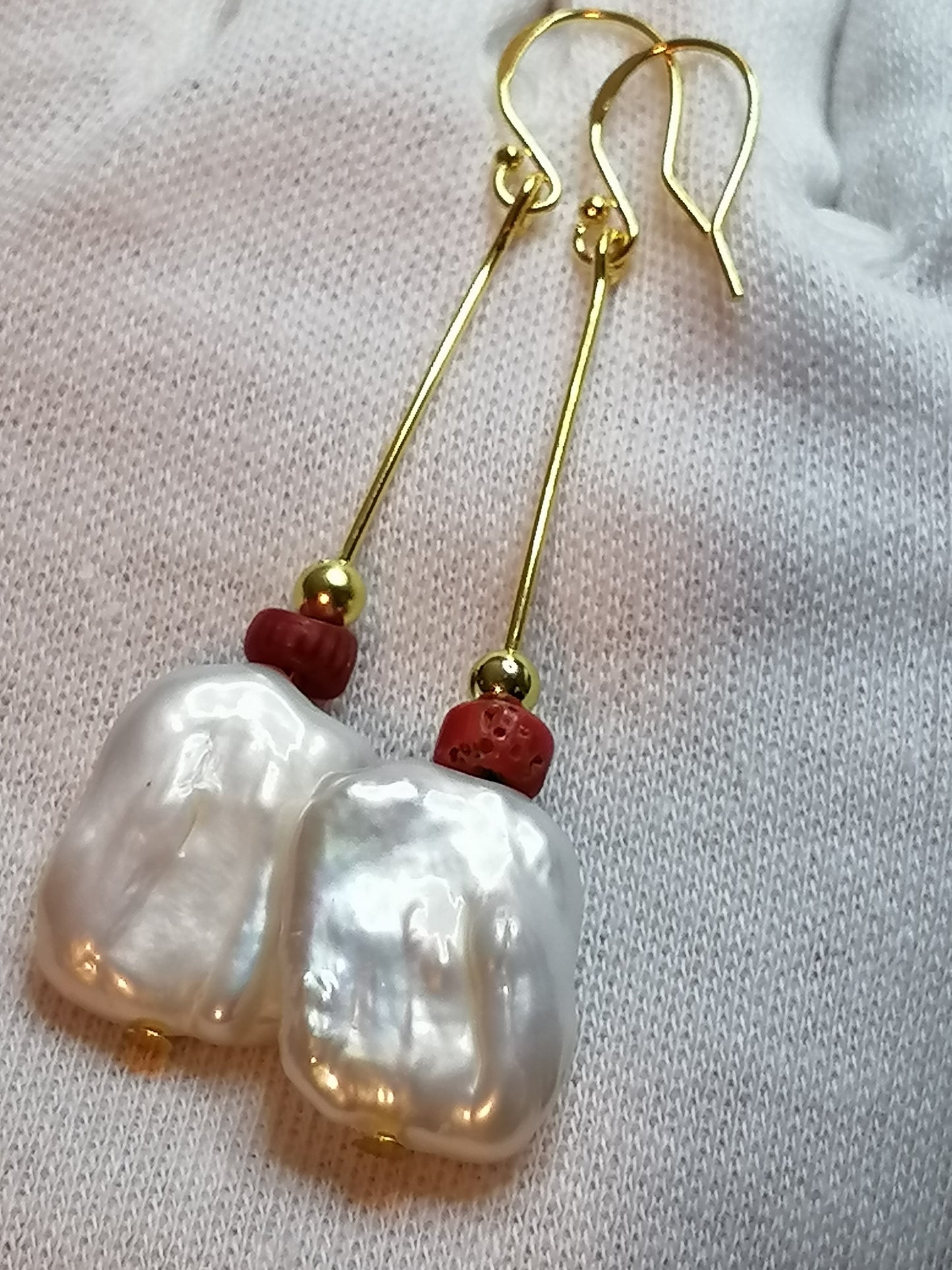 24ct Gold Vermeil 925 Sterling Silver Cultured Baroque Rectangle Pearl & Red Coral Earrings 888