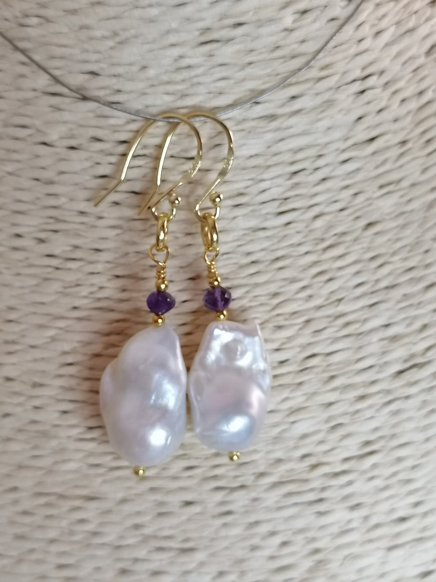 24ct Gold Vermeil 925 Sterling Silver Cultured Freshwater Pearl Earrings Baroque Flameball with Amethyst 828