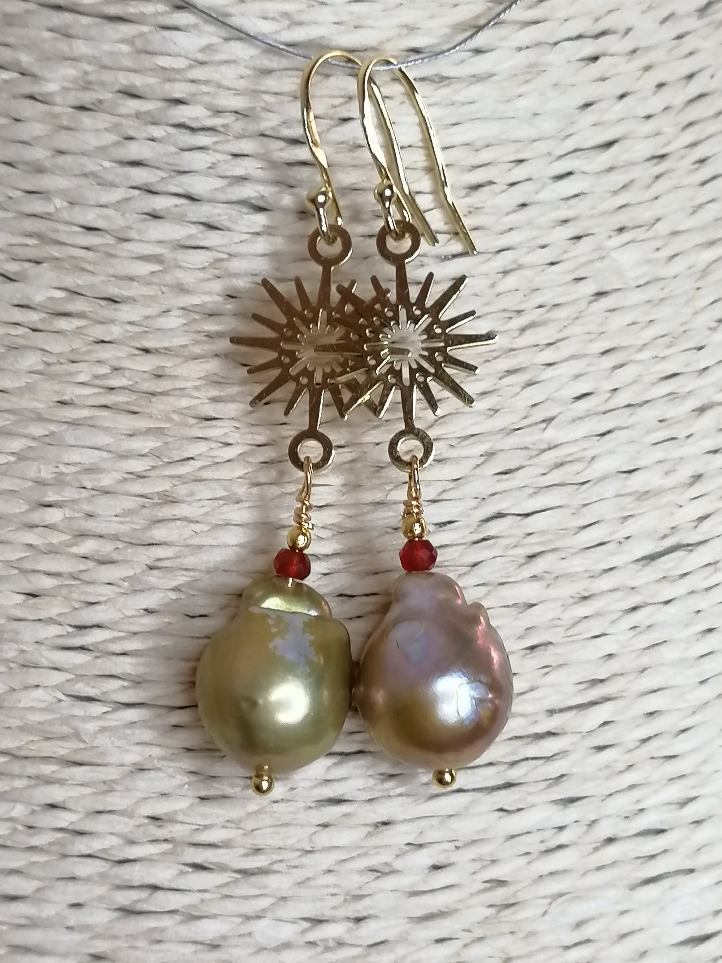 24ct Gold Vermeil 925 Sterling silver Cultured Freshwater Kasumi Pearl earrings Sunburst with Raw Ruby 832